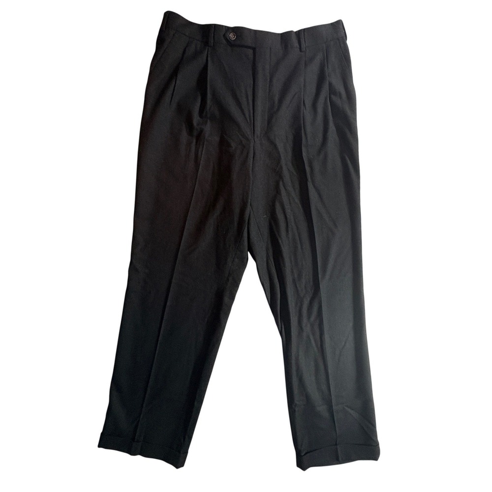 Brooks Brothers Mens Black 100% Wool Double Pleated Cuffed Dress Pants 33x32.5